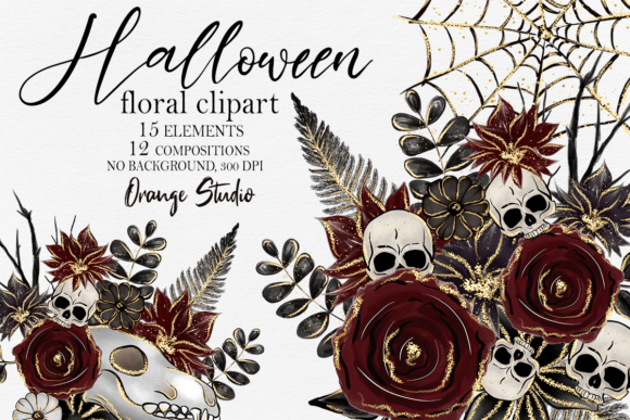 Halloween Flowers Clipart Skull Decor Collection